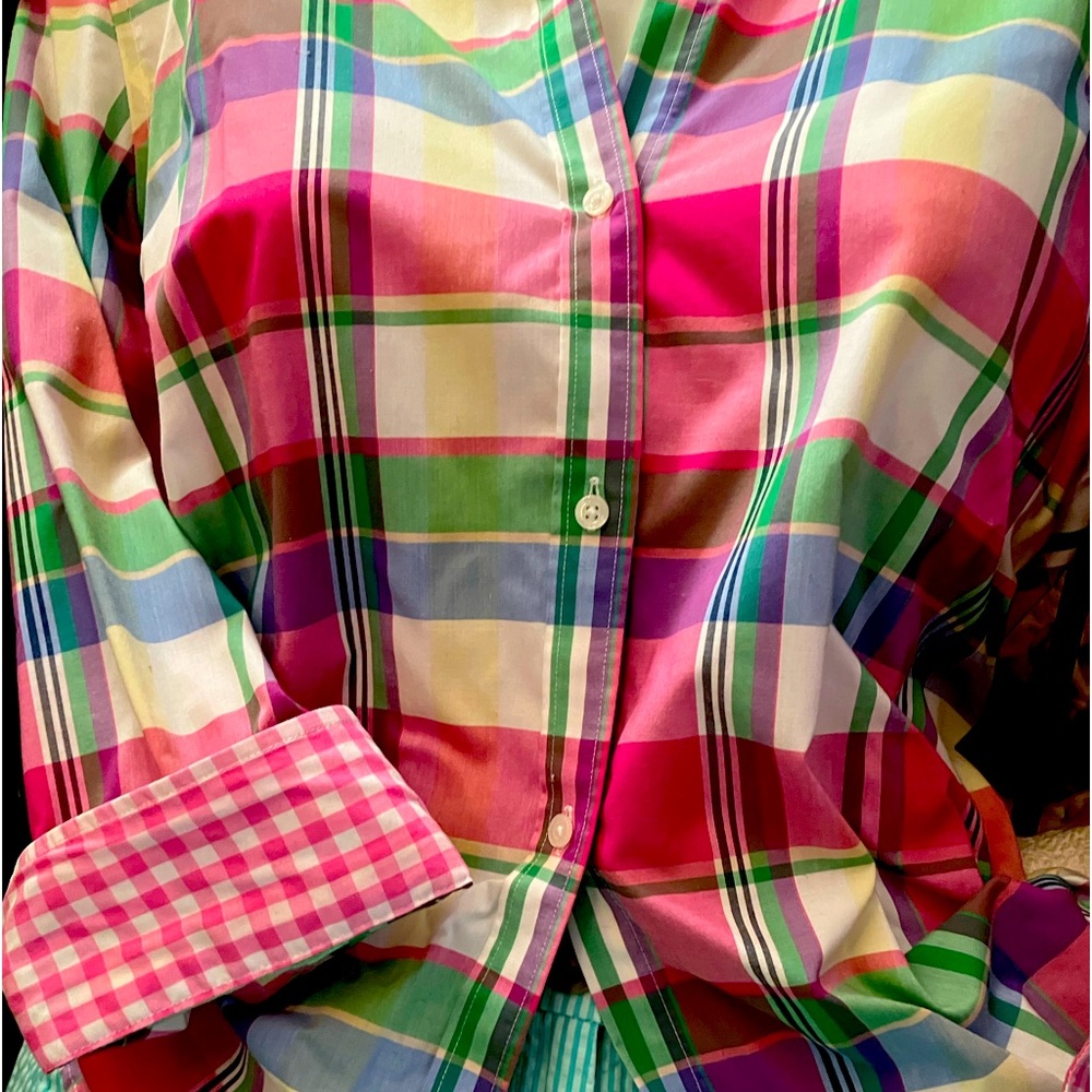 Chaps Pink Plaid 3/4 Length 100% Cotton Oxford SzL